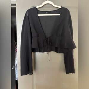 SHEIN Black Long Sleeve Tie Front Peplum Blouse